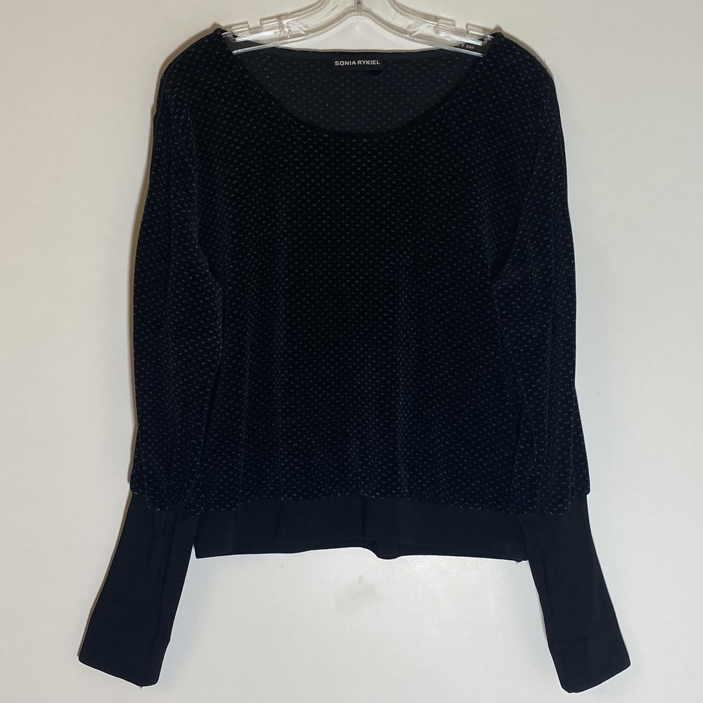 Sonia Rykiel Sweater Womens Medium Black Velour Polka Dot Long Sleeve Classy Top